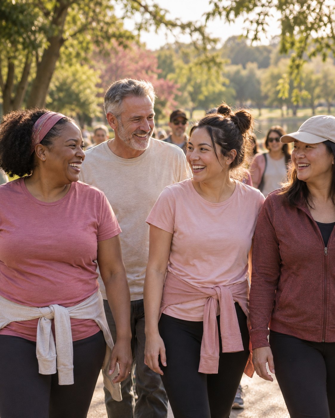 Illustration of neighbors enjoying a community walk in a sunlit park